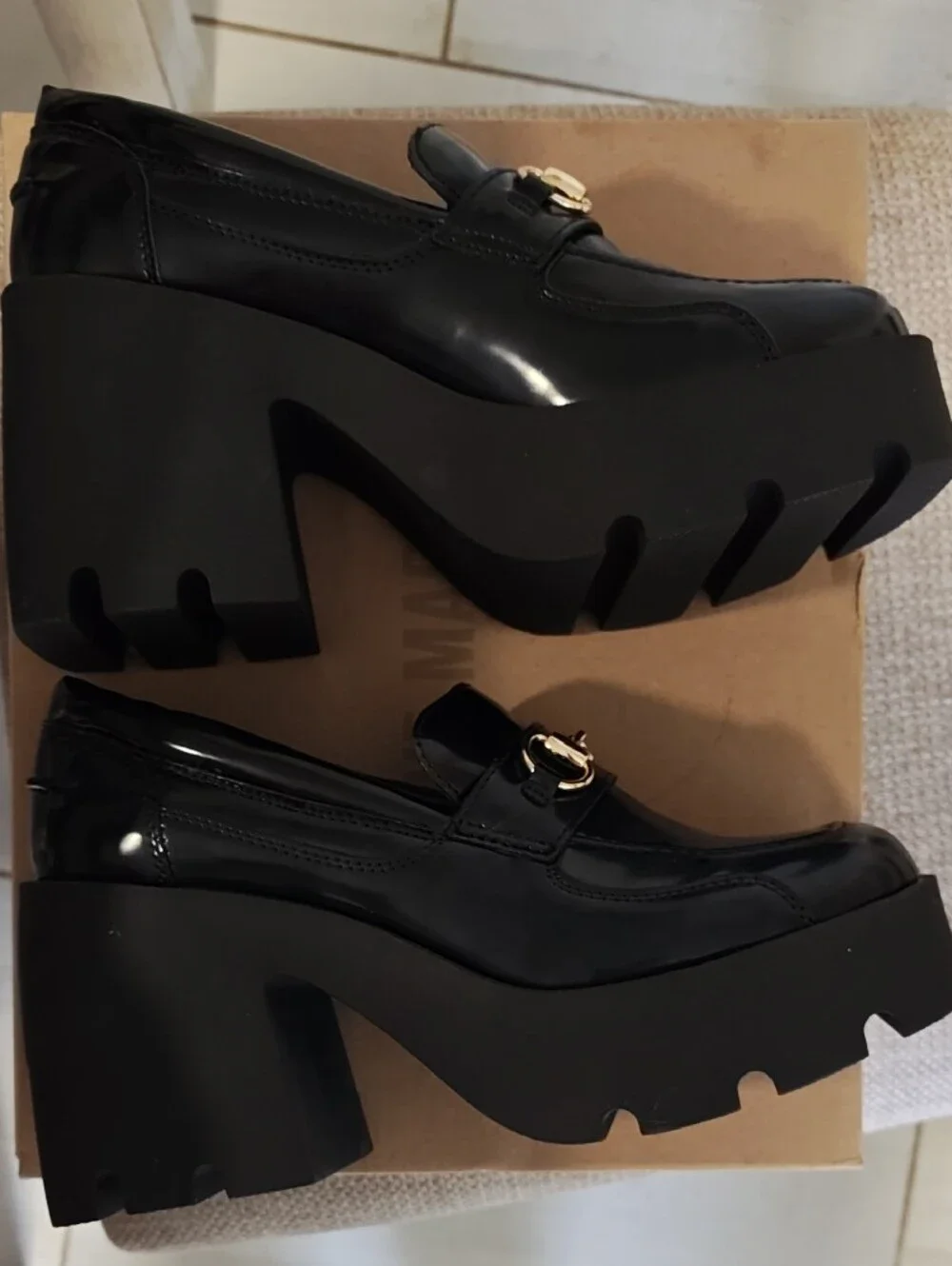 Steve Madden Penelope Black Patent Platform Loafer with Gold Bit
